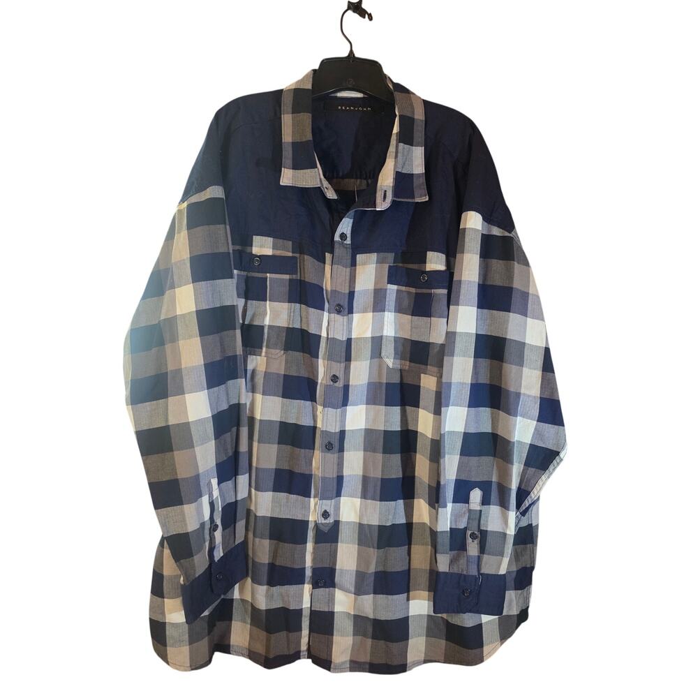 Sean John Men's 4XB Big & Tall Blue Gray Plaid Button Up Shirt Long Sleeve
